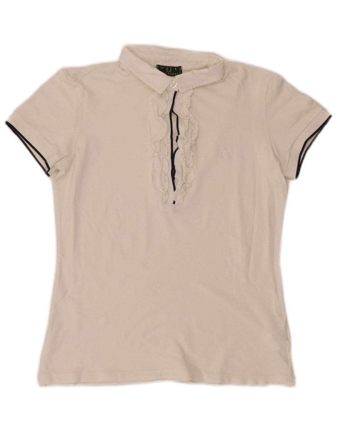 Fred Perry Tricou polo pentru femei cu volane în față UK 10 Bumbac alb mic