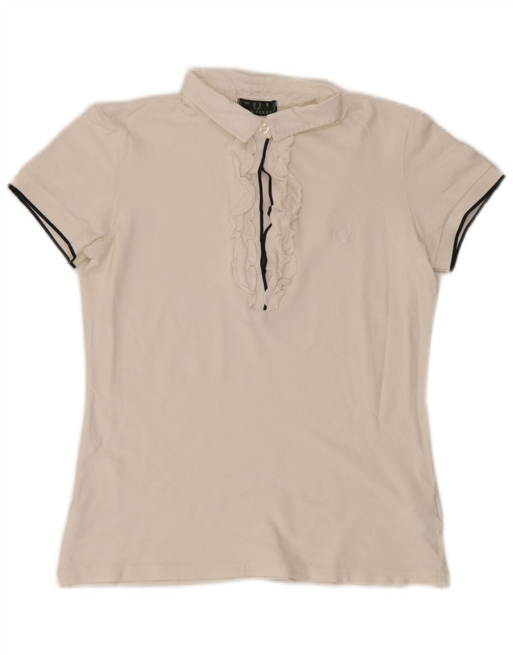 Fred Perry Tricou polo pentru femei cu volane în față UK 10 Bumbac alb mic