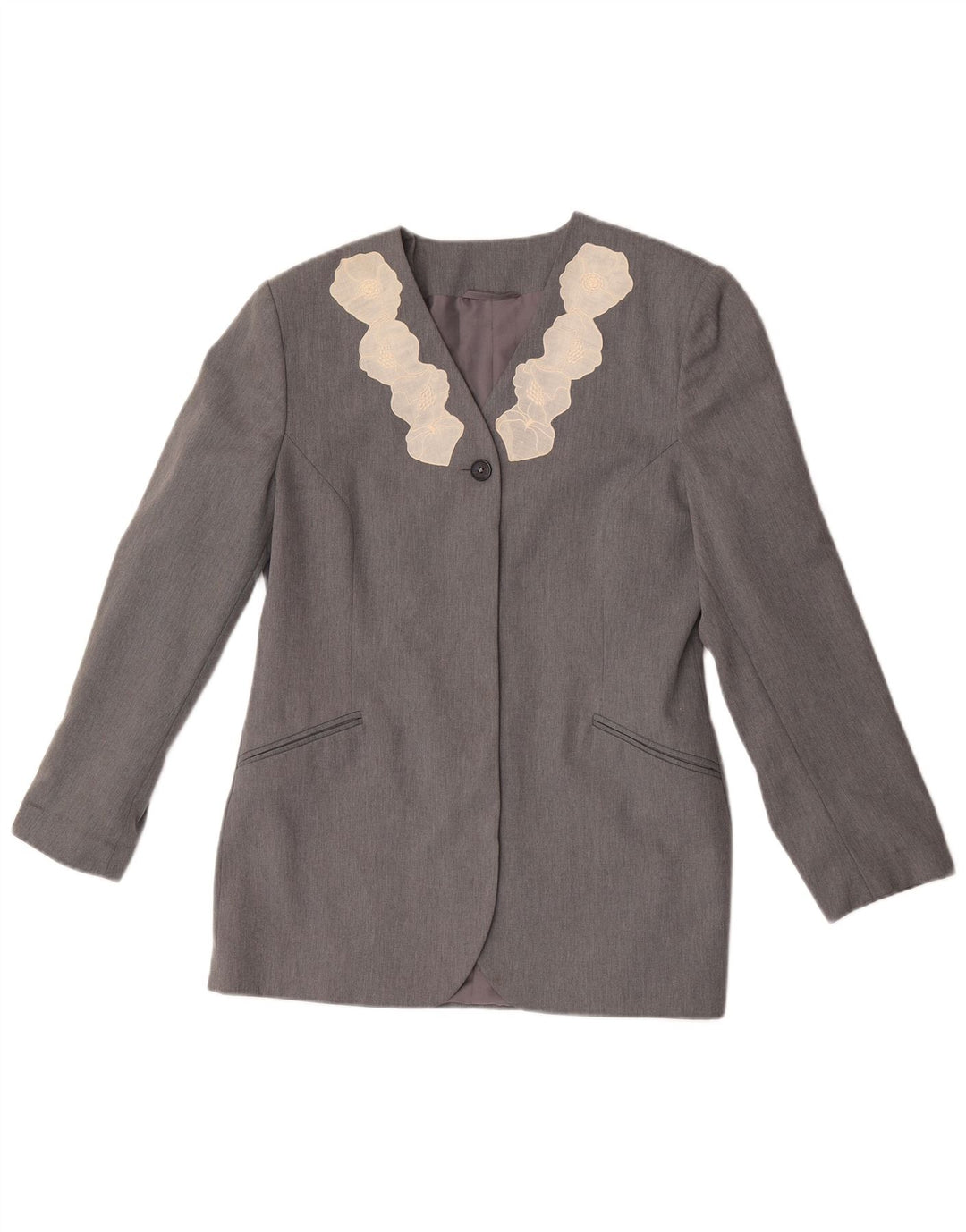 Jachetă vintage pentru femei, cu 1 nasture, din poliester floral, gri mediu, UK 12