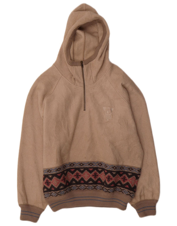 CIESSE PIUMINI Mens Hooded Zip Neck Fleece Jumper XL Beige Fair Isle