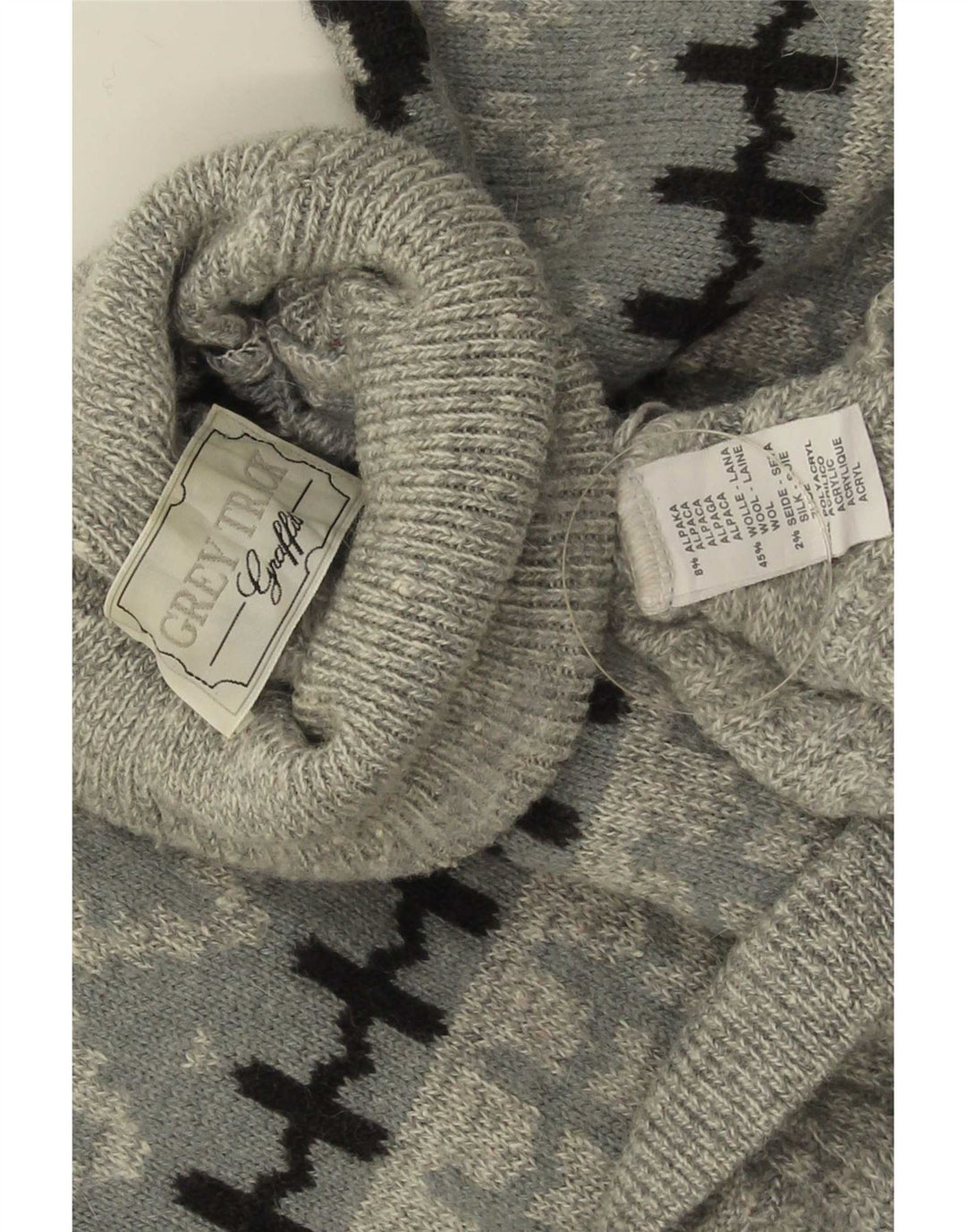 Vintage Mens Roll Neck Jumper Sweater Large Grey Fair Isle Alpaca Wool