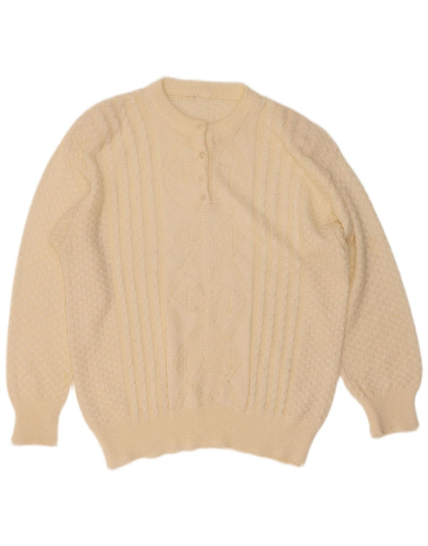 Pulover vintage pentru femei cu gât cu nasturi, UK 16, mare, alb