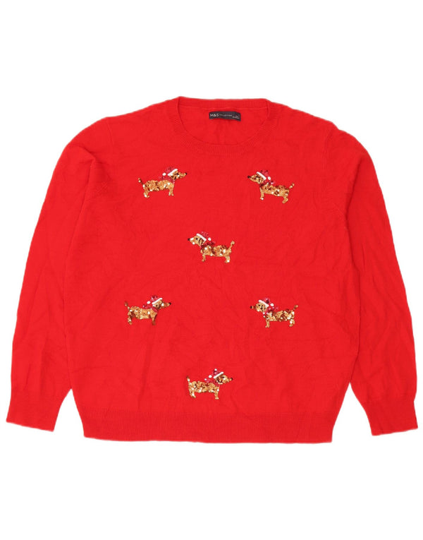 Marks & Spencer Womens Crew Neck Jumper Sweater UK 16 Large Red Christmas