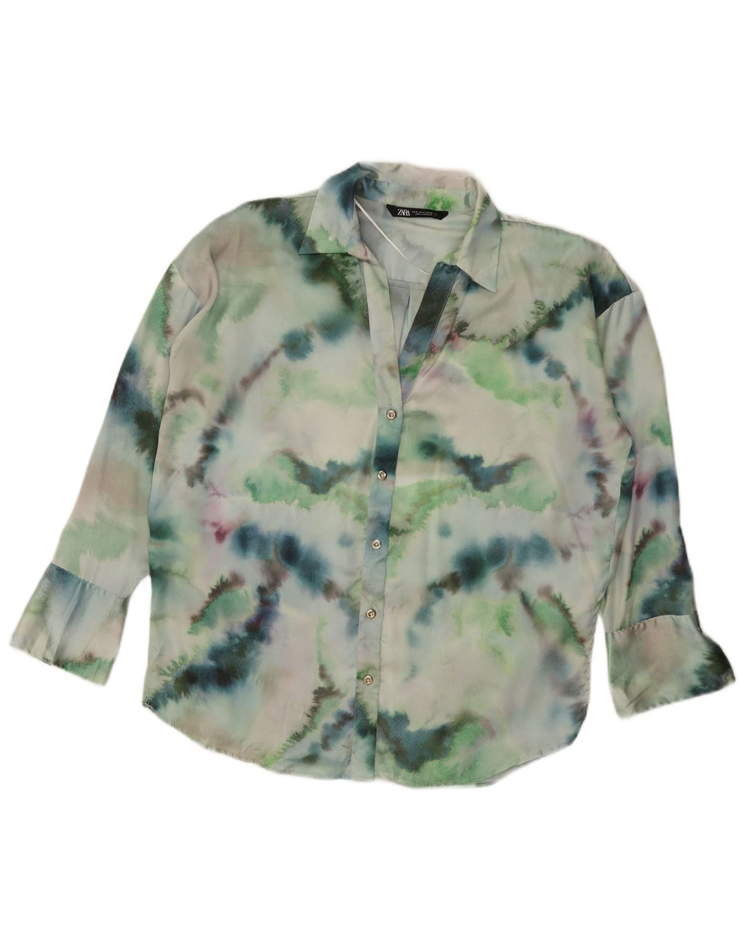 Bluză cămașă supradimensionată pentru femei Zara UK 14 Poliester Tie Dye verde mediu