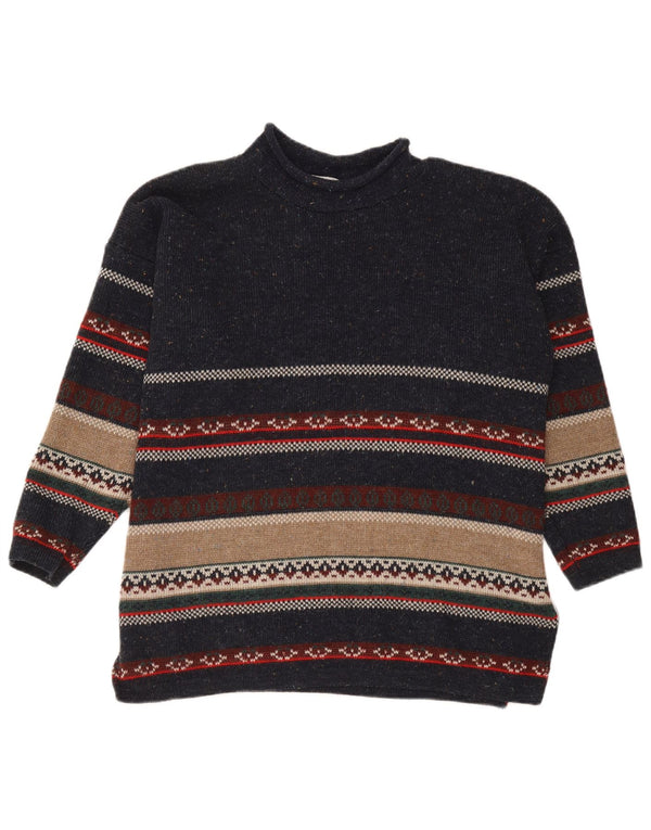 Vintage Mens Turtle Neck Jumper Sweater Medium Navy Blue Striped Acrylic
