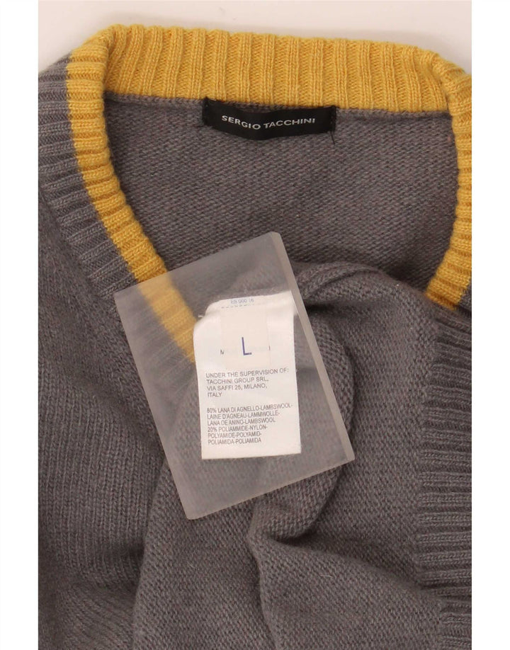 Sergio Tacchini Pulover cu decolteu în V pentru bărbați din lână mare cu dungi gri