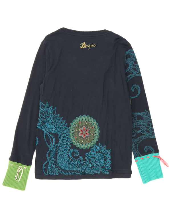 Top grafic pentru femei Desigual cu mânecă lungă UK 18 XL, bumbac floral, albastru bleumarin