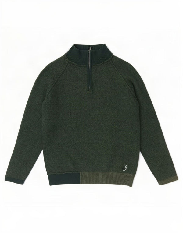 Pulover pentru bărbați GF Ferre, cu fermoar și gât, XL, lână merinos verde