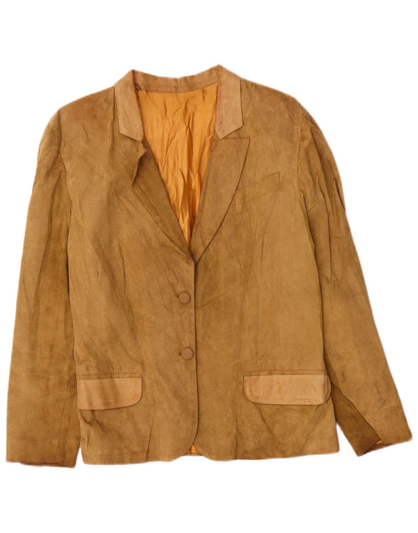 Blazer Vintage pentru femei cu 2 nasturi din piele intoarsa UK 14 Medium Beige Piele