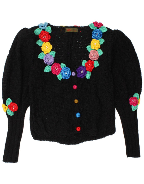 Pulover cardigan tricotat manual pentru femei Inzy UK 12 Medium Black Floral