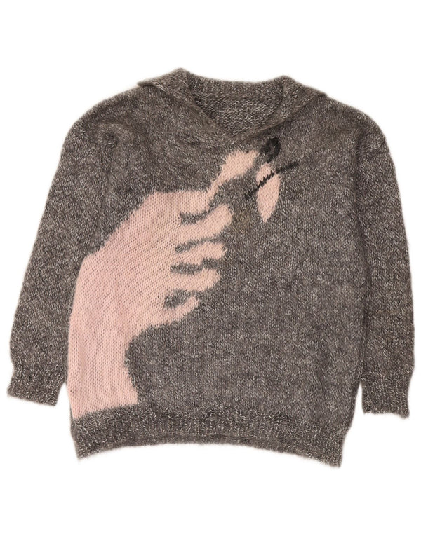 VINTAGE Pulover cu gât polo cu grafică pentru femei UK 16 mare, gri pete