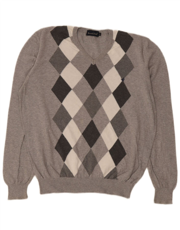 Pulover Brooksfield pentru bărbați, cu decolteu în V, IT 50, gri mediu Argyle/Diamond