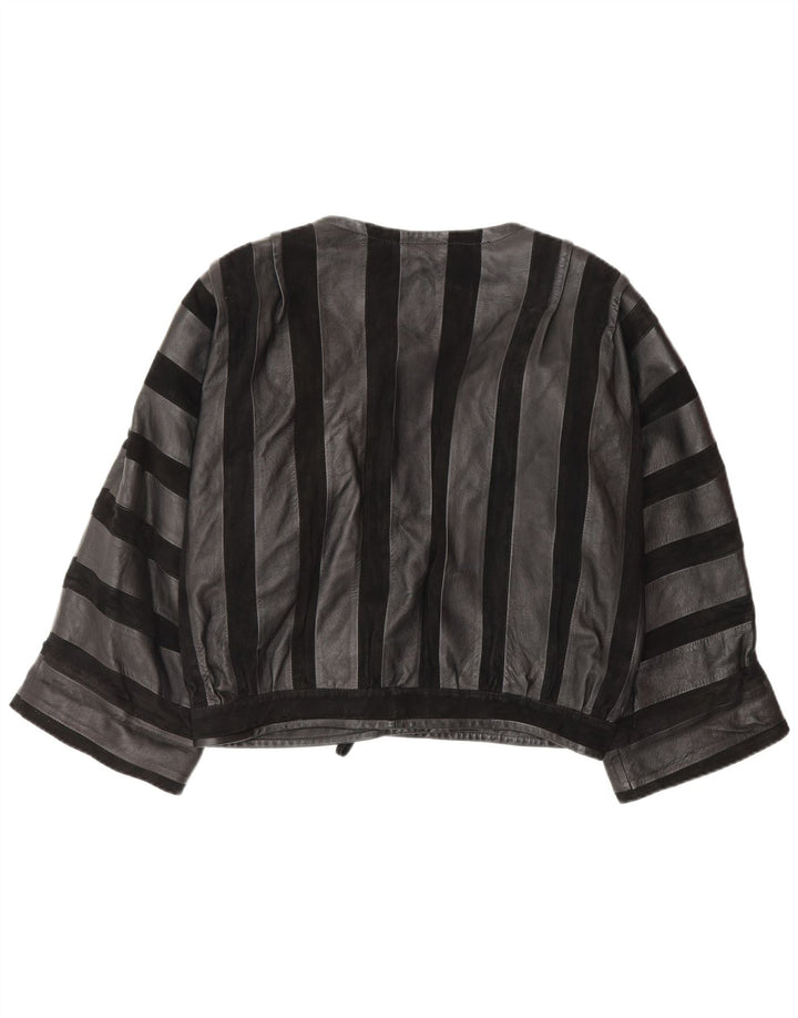 Jachetă Bomber din piele vintage pentru femei UK 14 Medium Negru cu dungi din piele