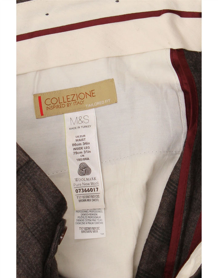 MARKS & SPENCER Pantaloni de costum croiți pentru bărbați L34 L31 Maro Check