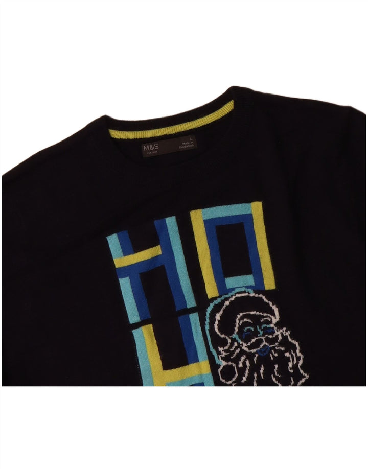 MARKS & SPENCER Mens Graphic Crew Neck Jumper Sweater Large Navy Blue