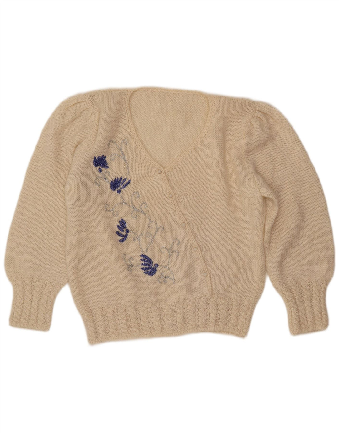 VINTAGE Pulover cu decolteu în V pentru femei UK 16, mare, alb, cu flori