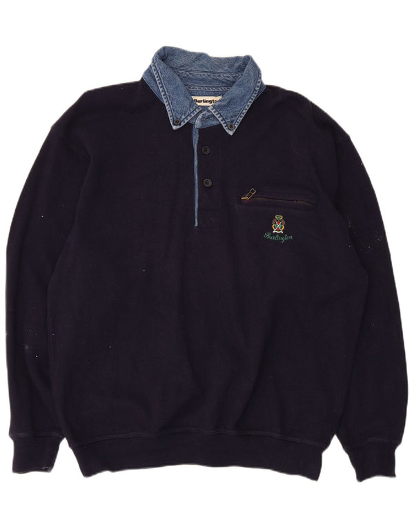 Burlington Mens Polo Neck Sweatshirt Jumper Small Navy Blue Cotton