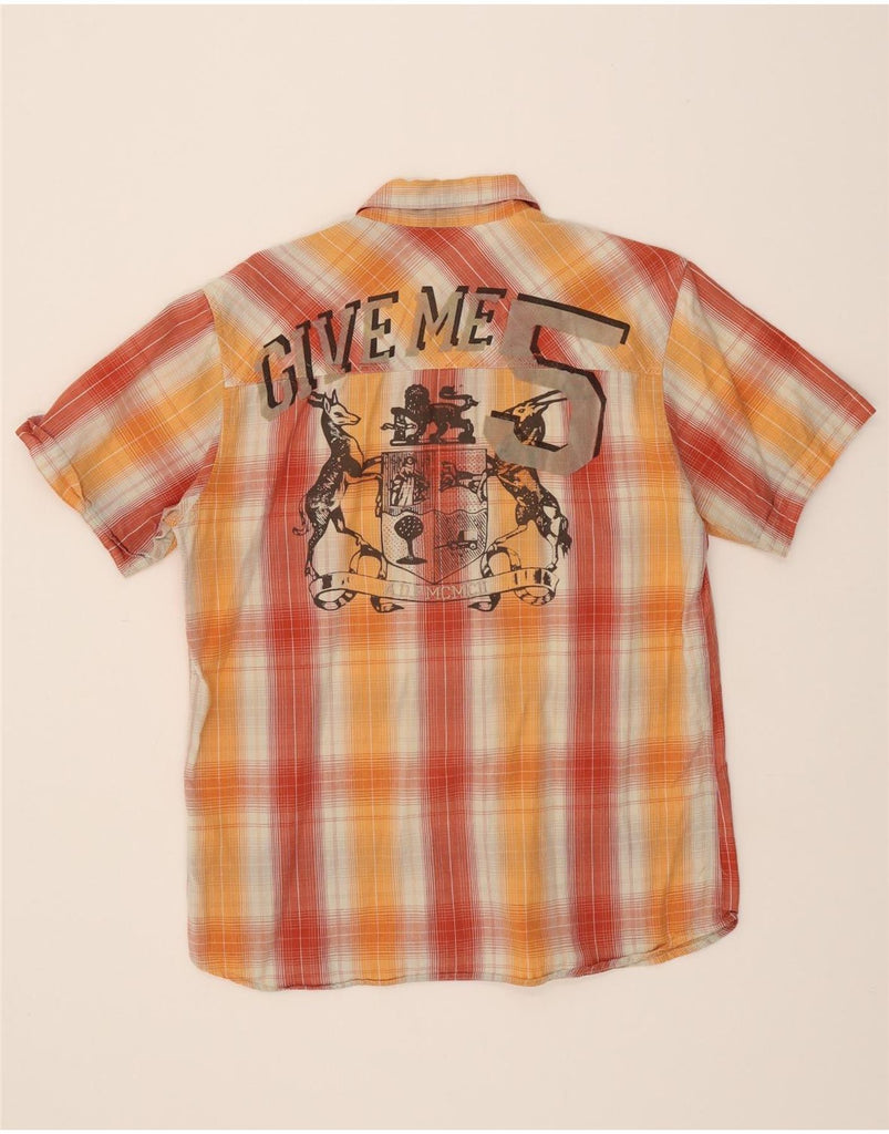 FISHBONE Mens Graphic Short Sleeve Shirt Medium Orange Check Cotton Vintage Fishbone and Second-Hand Fishbone from Messina Hembry 