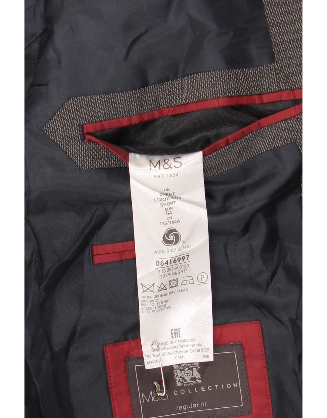 Jachetă pentru bărbați Marks & Spencer, scurtă, cu 2 nasturi, Lână gri UK 44 XL