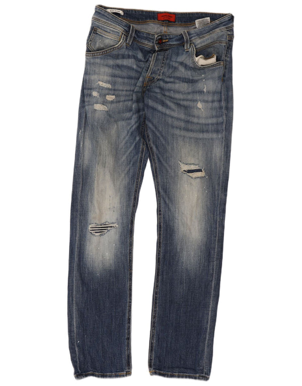 Jack & Jones Mens GLENN Distressed Slim Jeans W33 L32 Blue Cotton