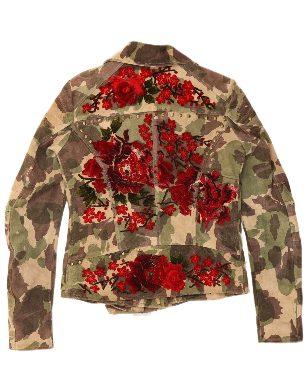 Jachetă de motociclist din piele intoarsa pentru femei vintage UK 16, mare, verde, camuflaj