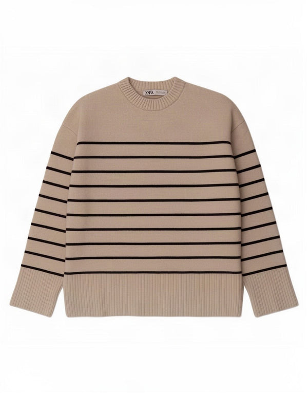 Pulover pentru femei supradimensionat cu gâtul turnat Zara UK 14 Medium Bej cu dungi