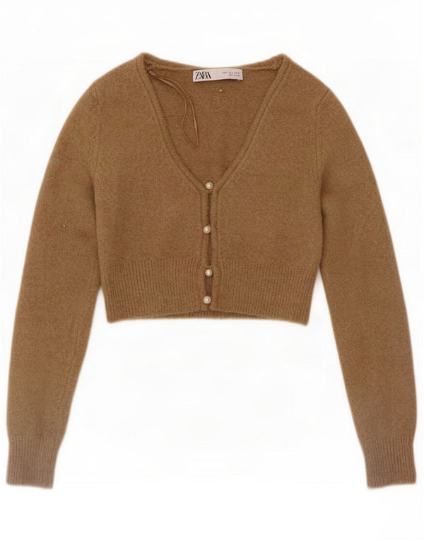 Zara Pulover Crop Cardigan pentru Femei UK 10 Small Brown Flecked Poliester