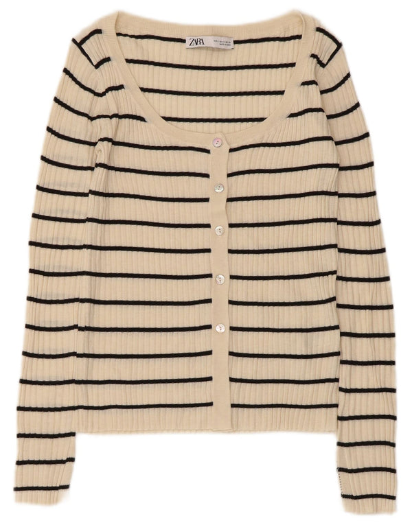 Pulover Cardigan pentru Damă Zara UK 8 Mic Bej Acrilic cu dungi