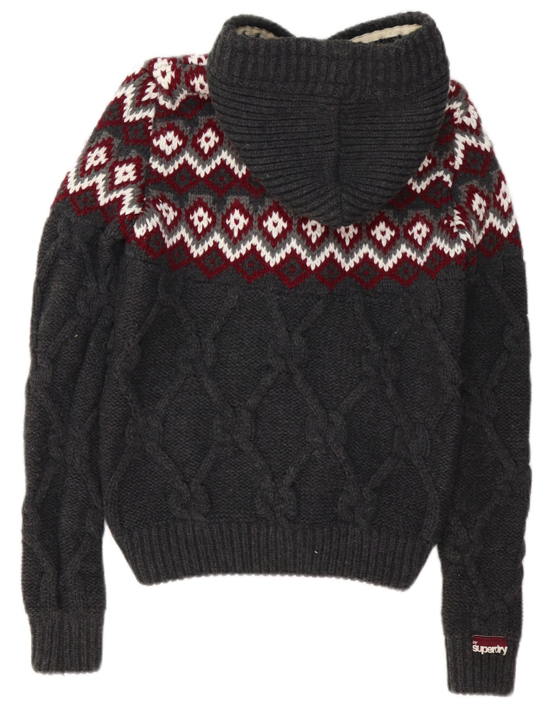 Pulover cardigan cu glugă SUPERDRY pentru femei UK 10 mic gri Fair Isle acrilic