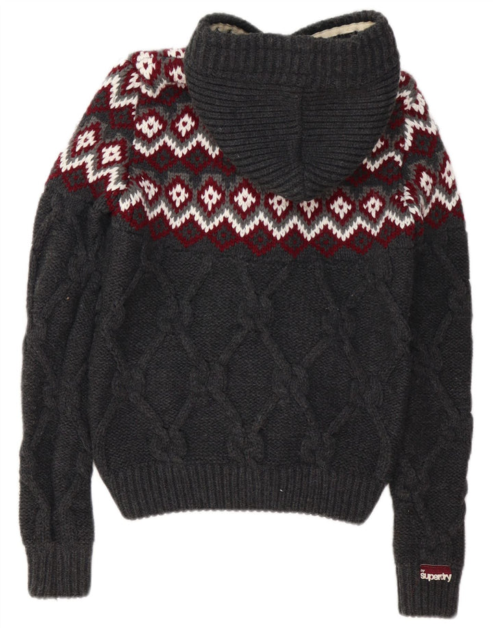 Pulover cardigan cu glugă SUPERDRY pentru femei UK 10 mic gri Fair Isle acrilic