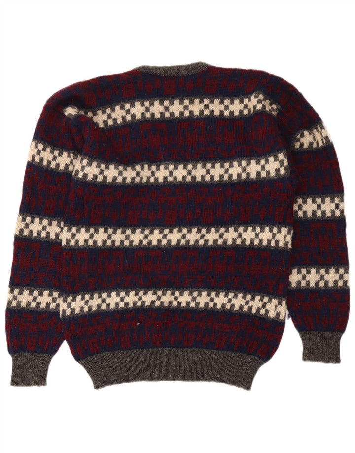 Pulover vintage pentru bărbați cu decolteu în V, lână geometrică, medie, multicoloră