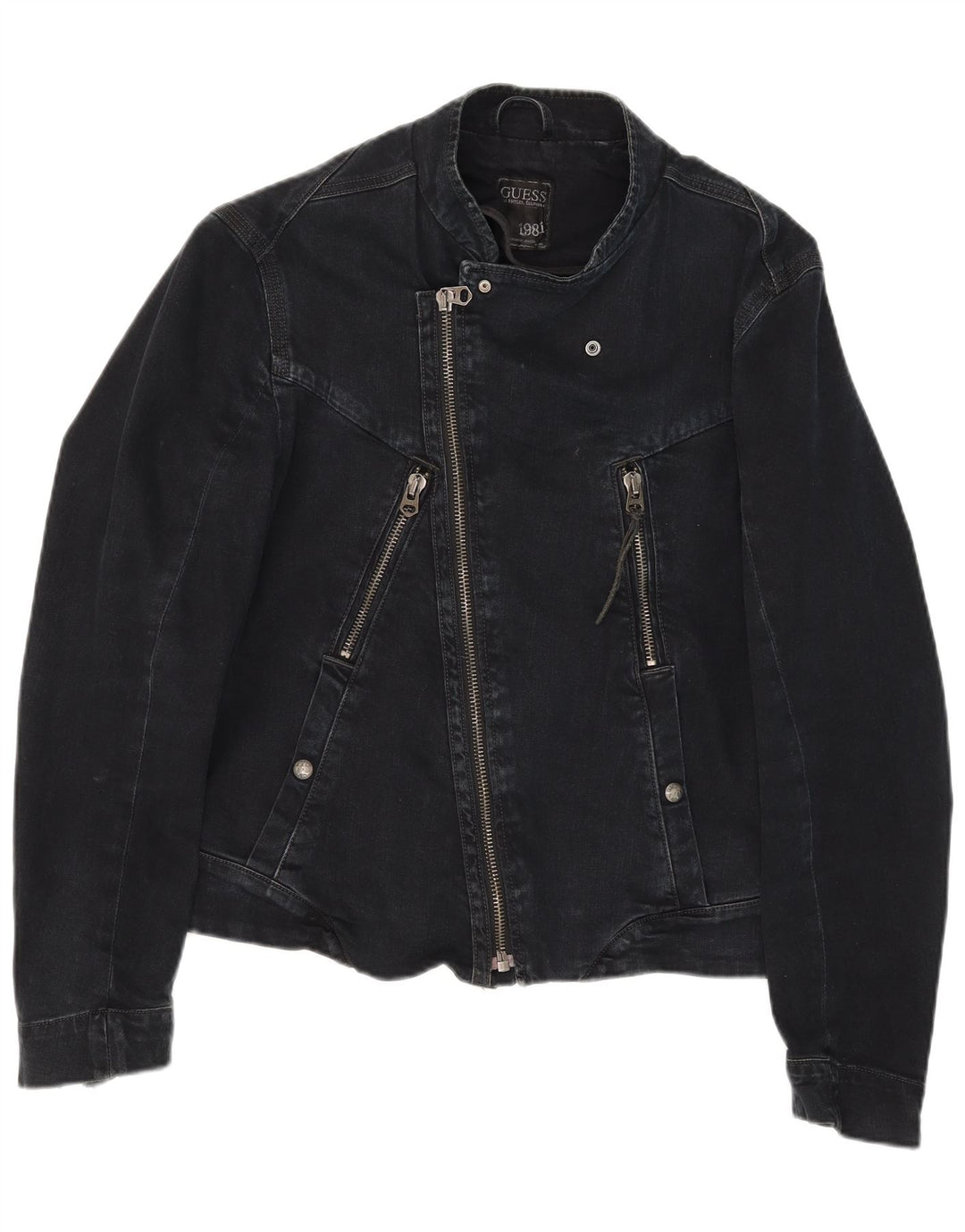 Jachetă motociclist Guess denim pentru bărbați UK 36, bumbac negru mic