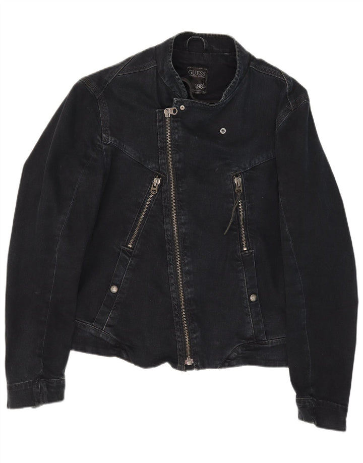 Jachetă motociclist Guess denim pentru bărbați UK 36, bumbac negru mic