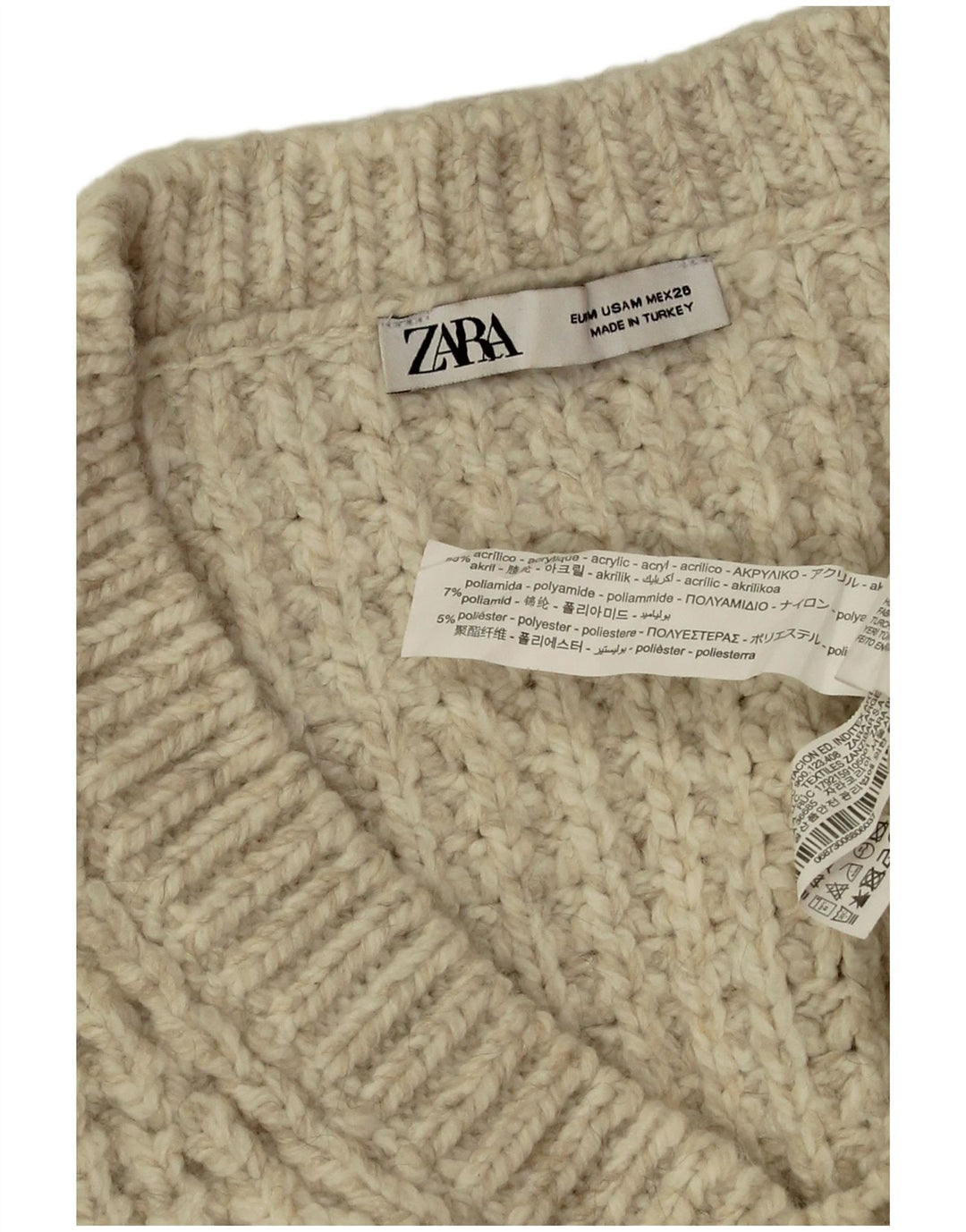 Pulover pentru femeie Zara supradimensionat cu decolteu în V UK 14 Medium Bej Acrilic