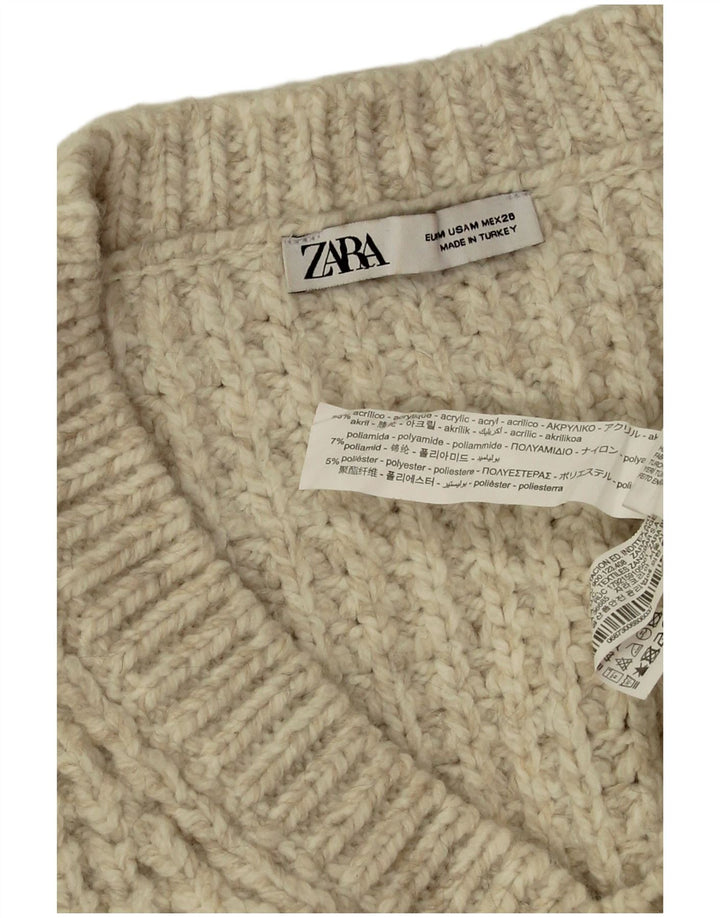 Pulover pentru femeie Zara supradimensionat cu decolteu în V UK 14 Medium Bej Acrilic