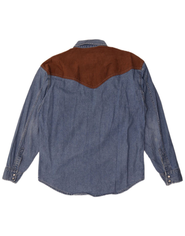 Cămașă de blugi occidentală vintage pentru bărbați, bumbac color bloc albastru mediu