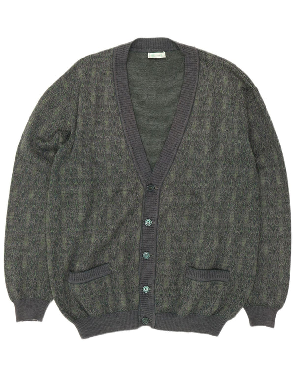 Vintage Mens Cardigan Sweater Large Green Geometric Wool