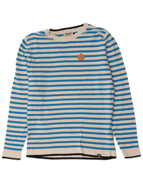 Jack & Jones Mens Crew Neck Jumper Sweater Large Blue Striped Cotton