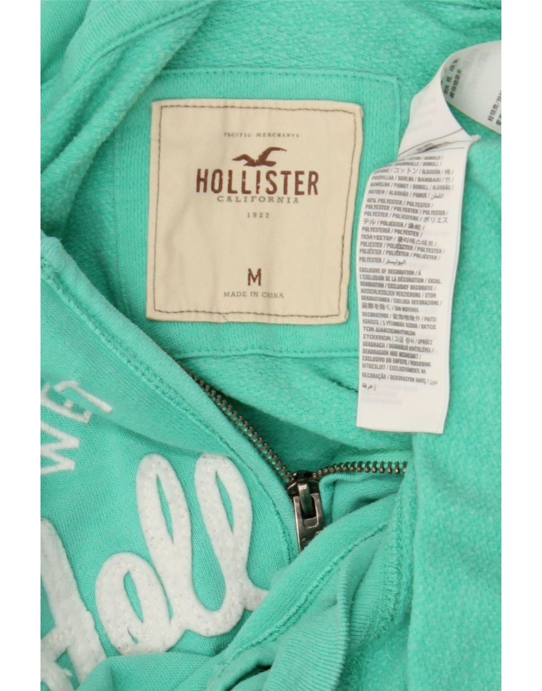 Pulover HOLLISTER pentru femei, cu fermoar și grafic, bumbac turcoaz mediu UK 14