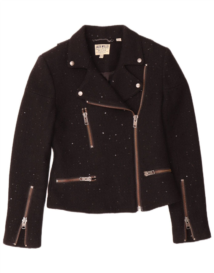 Jack Wills pentru femei Biker Jacket UK 12 Medium Black Flecked Wool