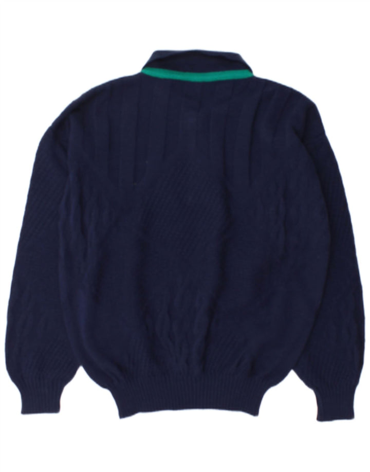 Pulover vintage pentru bărbați cu gât polo, lână mare, albastru