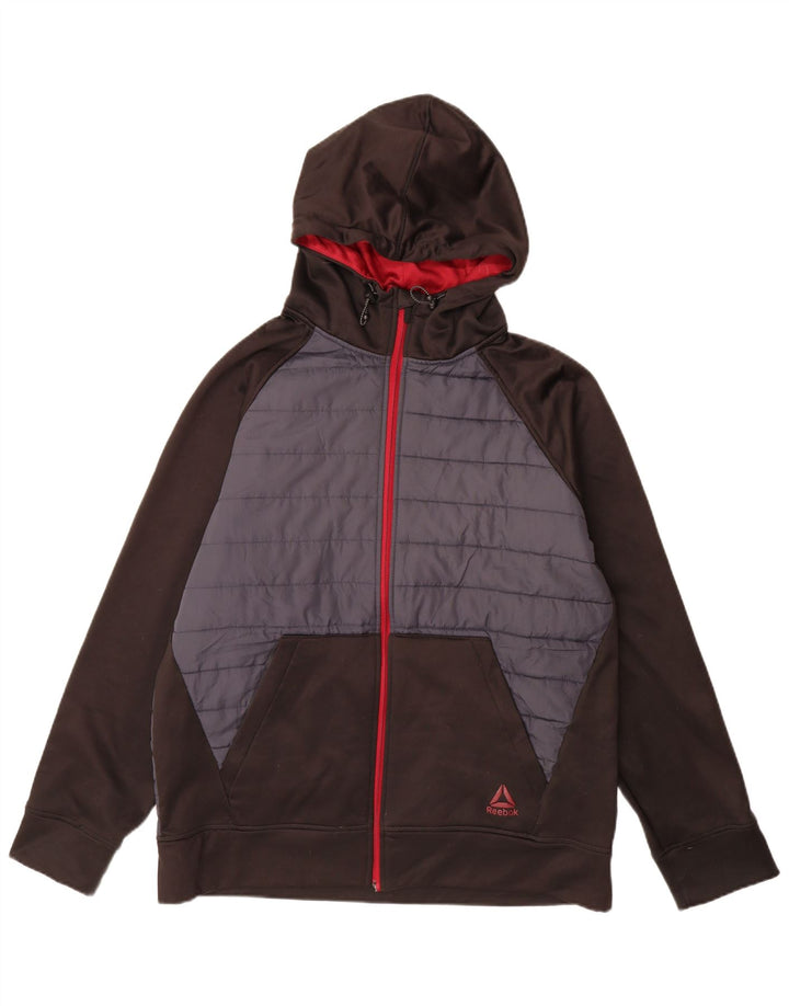 REEBOK Mens Zip Hoodie Sweater Large Grey Colourblock Polyester