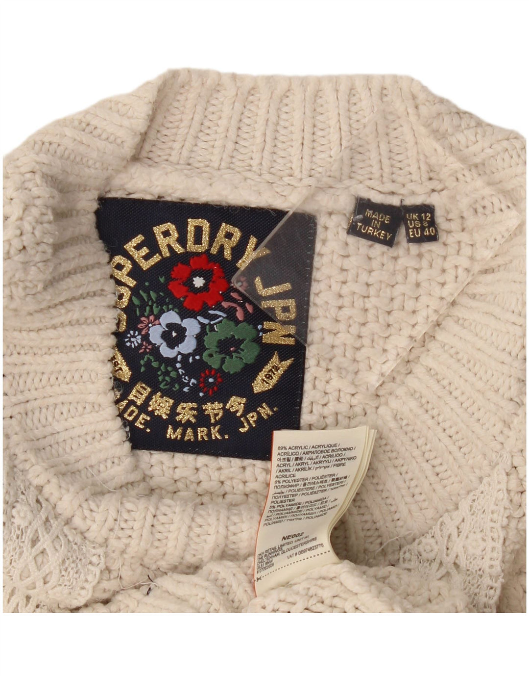 Pulover supradimensionat pentru femei Superdry cu decolteu triplu UK 12 Medium Off White