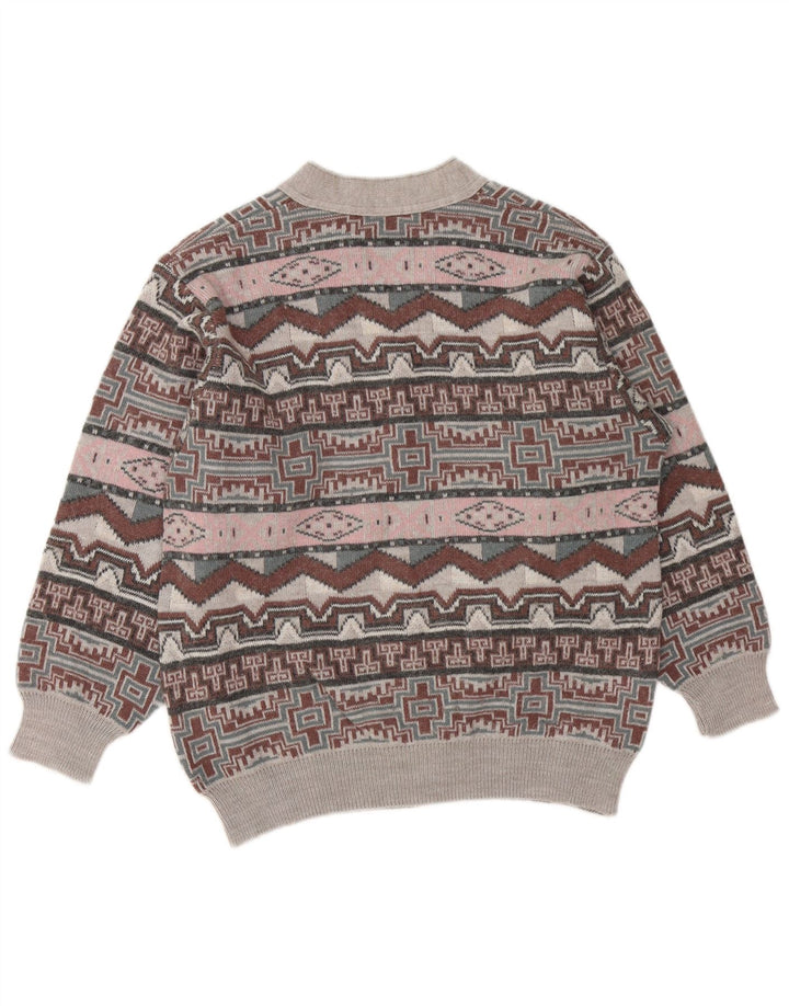 VINTAGE Pulover cu decolteu în V pentru bărbați, gri mediu geometric