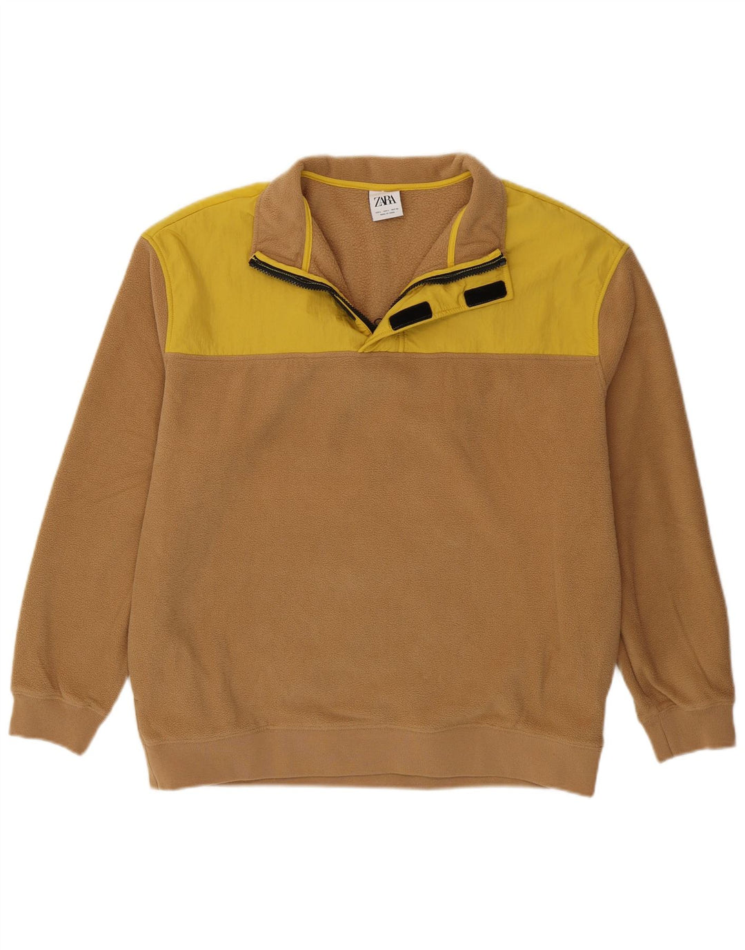 ZARA Mens Zip Neck Fleece Jumper Large Brown Colourblock Polyester