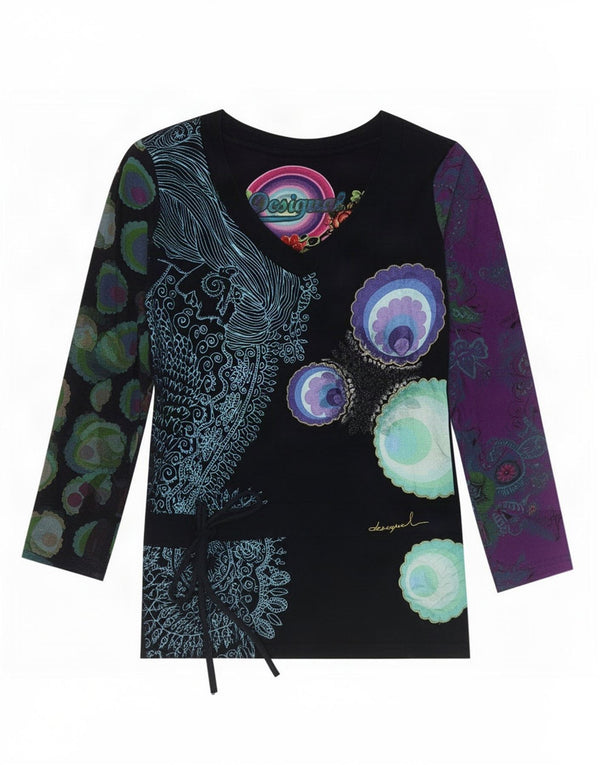Top pentru femei Desigual cu mânecă lungă UK 12 Medium Black Floral Bumbac