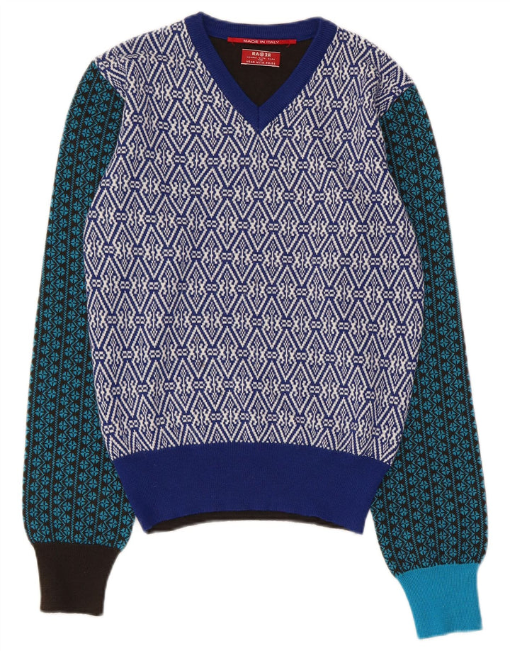 Pulover vintage pentru femei cu decolteu în V UK 14 Medium Multicolor Patchwork