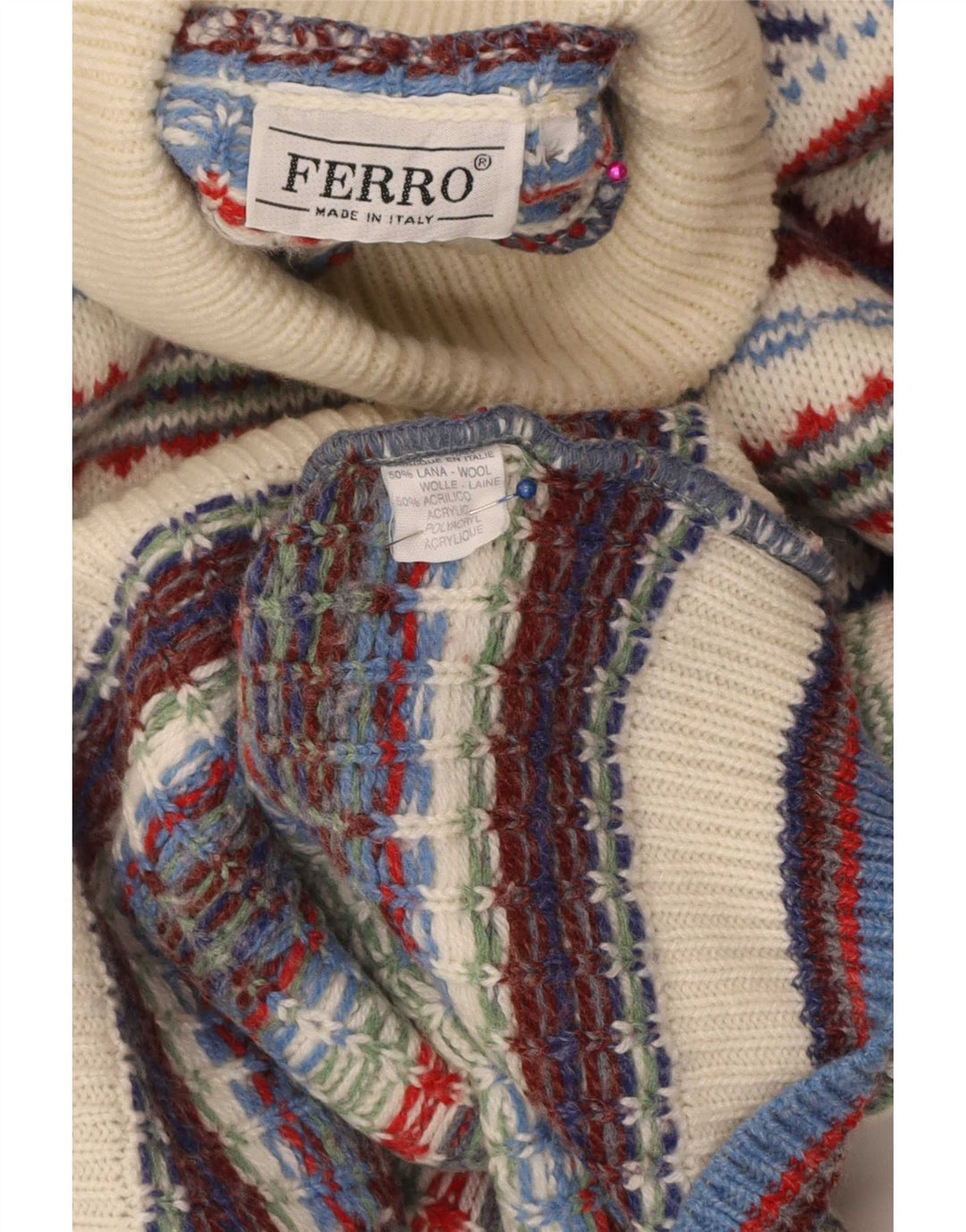 Ferro Pulover cu gât rulat pentru bărbați XL, lână Fair Isle, multicoloră