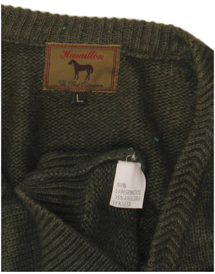 HAMILTON Pulover cu decolteu în V pentru bărbați, lână de miel mare, kaki