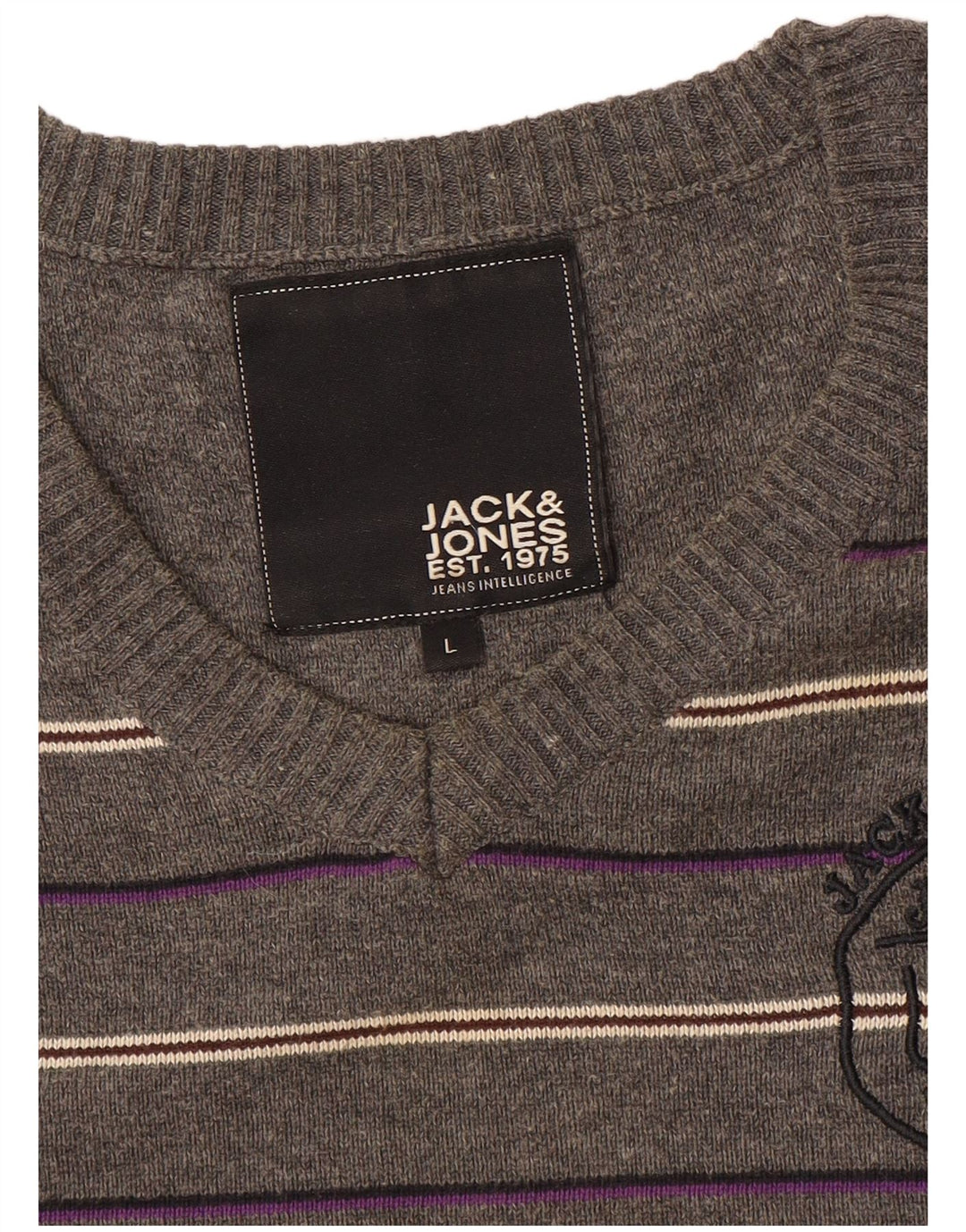 Jack & Jones Pulover cu decolteu în V cu grafic pentru bărbați, cu dungi mari, gri